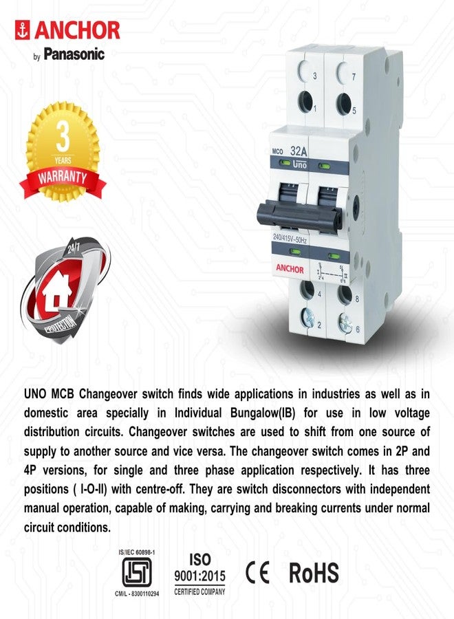 Anchor by Panasonic 98082 UNO Series 32 Ampere Dual Pole Change Over Switch Circuit Breaker Safe Reliable Protection - Image 3